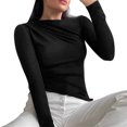 thumbnail image 2 of Camisa básica de manga larga para mujer, camisa con cuello inclinado y hombros plisados para interior y exterior, color negro S, 2 of 7