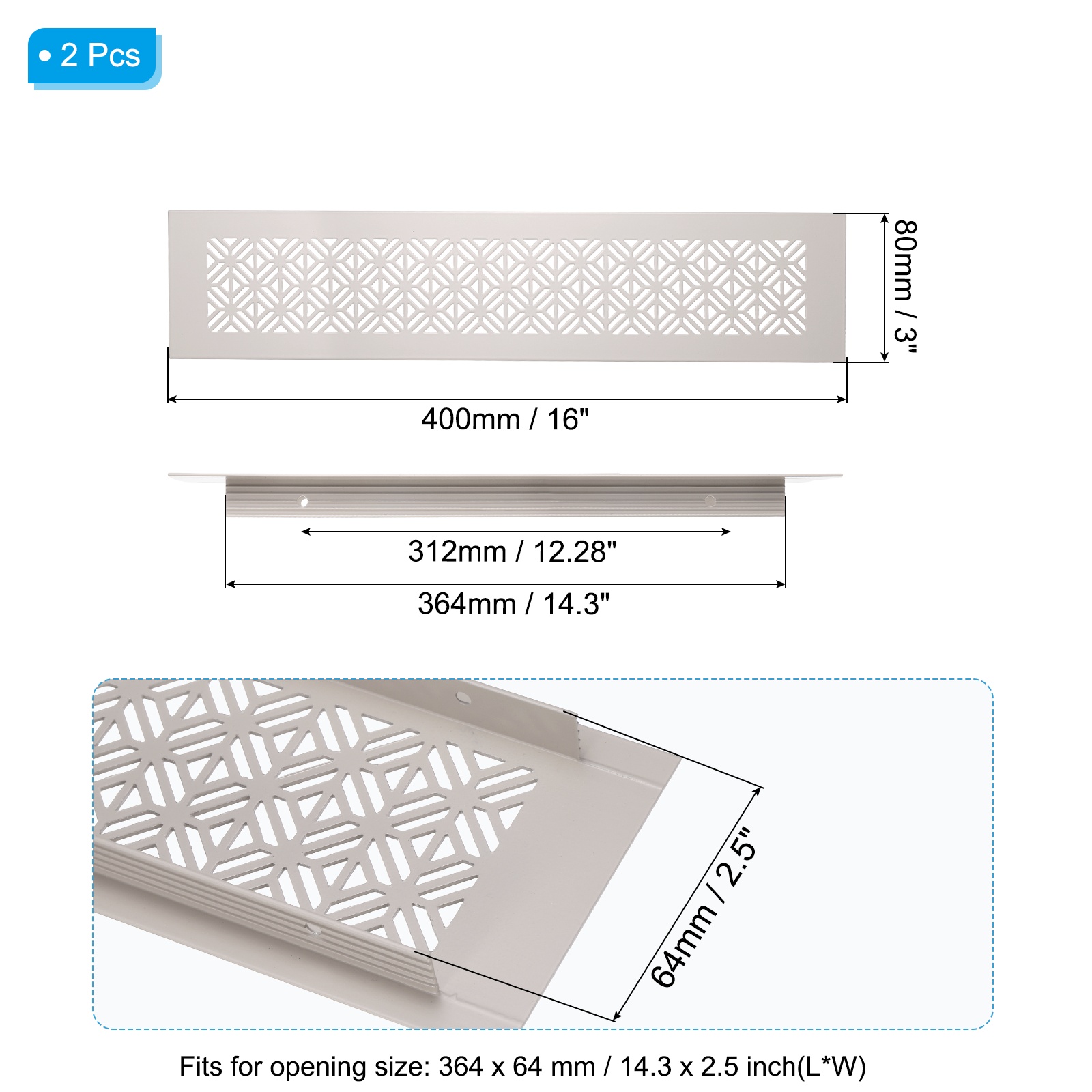 16 x 3 Inch Door Air Vent Cover, 2 Pack Heavy Duty Aluminum Grille Ventilation Cover Louvered with Mounting Screws for Cabinet Wardrobe Door, Cashmere Gray
