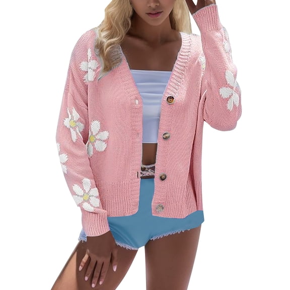 Vedolay Fall Sweaters for Women Long Sleeve Cropped Cardigan Sweaters Crochet Knit Button Up Tops Pink,S