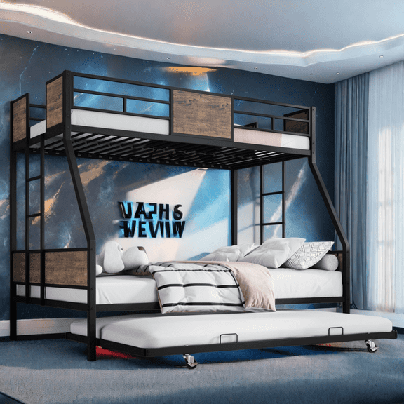 Twin Over Full Bunk Beds with Trundle, Metal Bunk Bed Frame with Safety Guardrail and 2 Ladders, Sturdy Construction No Box Spring Needed, for Bedroom, Brown