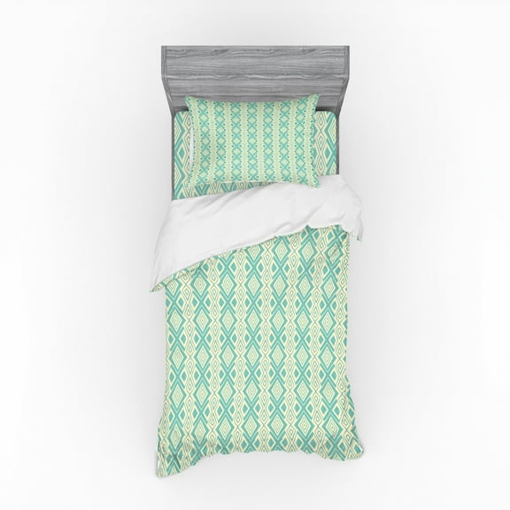 Ethnic Duvet Cover Set, Timeless Bullseye Rhombus Pattern with Ornamental Geometric Design, Bedding Set with Shams and Fitted Sheet, 3 Sizes, by Ambesonne