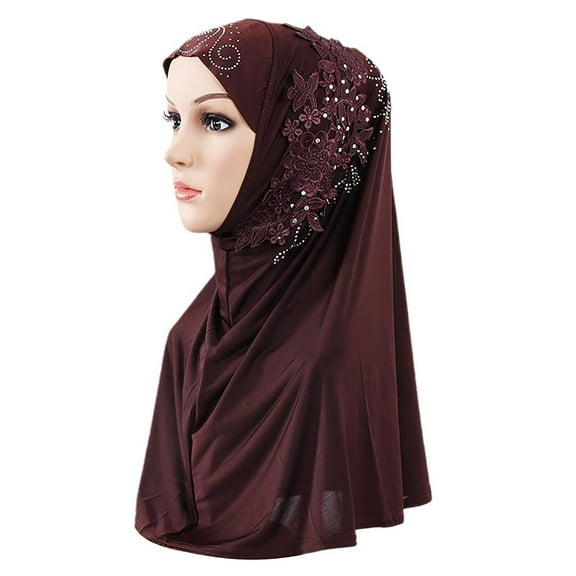 NUZYZ Women Solid Color Lace Rhinestone Muslim Hijab Wrap Islamic Scarf Cap Head Cover