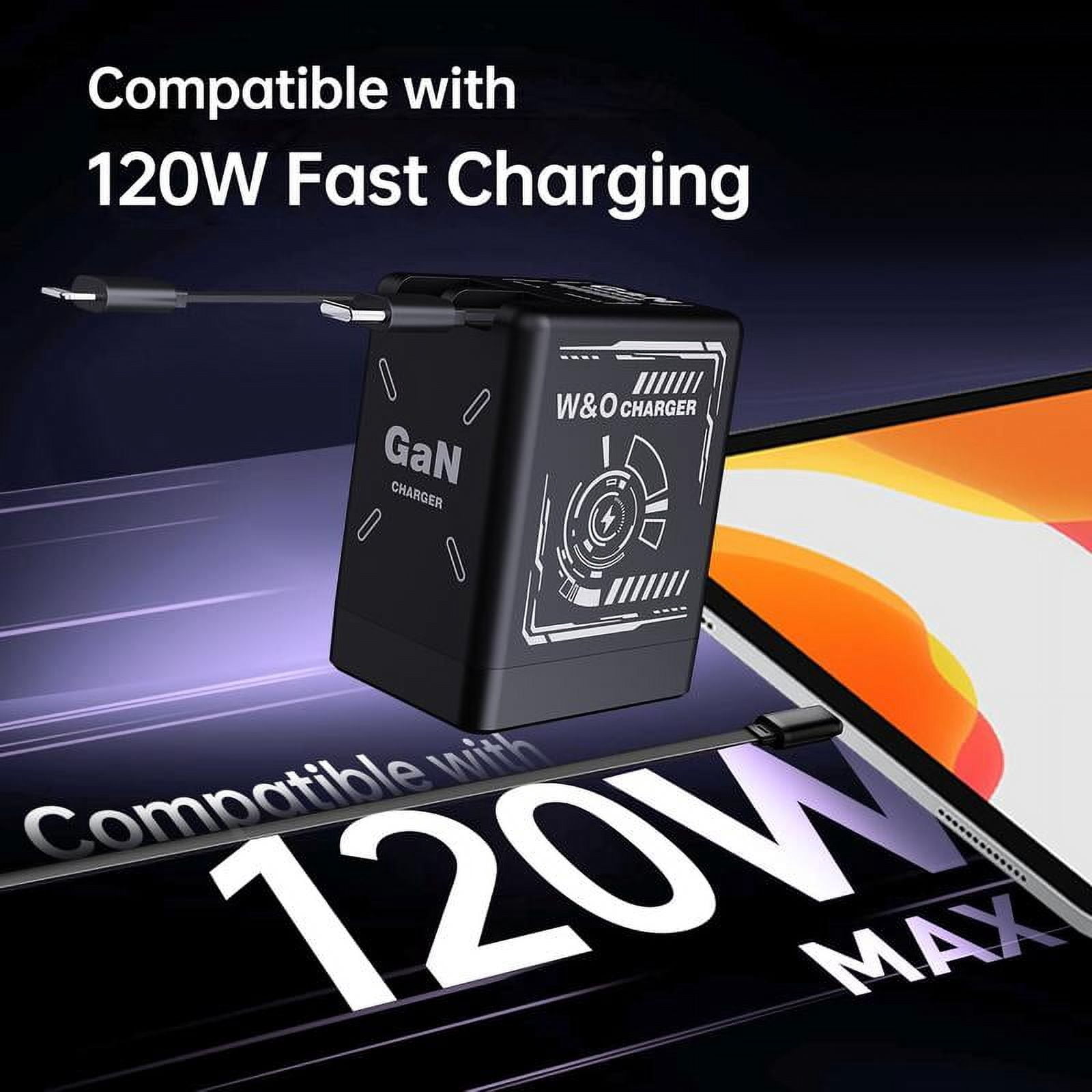 W&O 2-in-1 GaN  Compatible with 120W Fast Charger with Retractable Type-C and ligtning Cable | Portable Adapter for iPhone 16, iPad, MacBook,  Multi-Device Fast Charging, Folding Charing