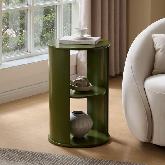Kings Brand Furniture Evan Side/End Table – Wooden Round Accent Table with Open Storage Shelves, Modern Nightstand for Living Room or Bedroom (Avocado)