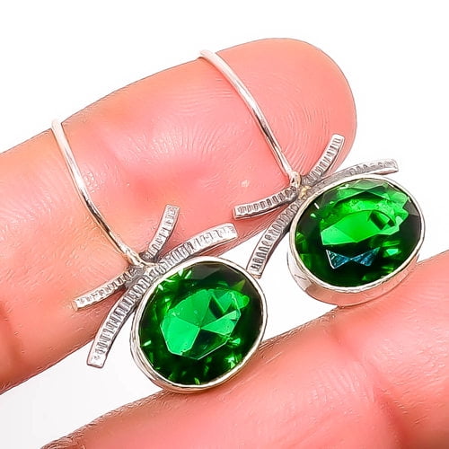 Emerald Quartz (Simulated) 925 Sterling Silver Israeli Earring 1.17" E7327-34