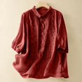 thumbnail image 3 of Women's Floral Print Linen Shirts Solid Color 3/4 Sleeve Lapel Button Embroidered Casual Top Red, 3 of 9