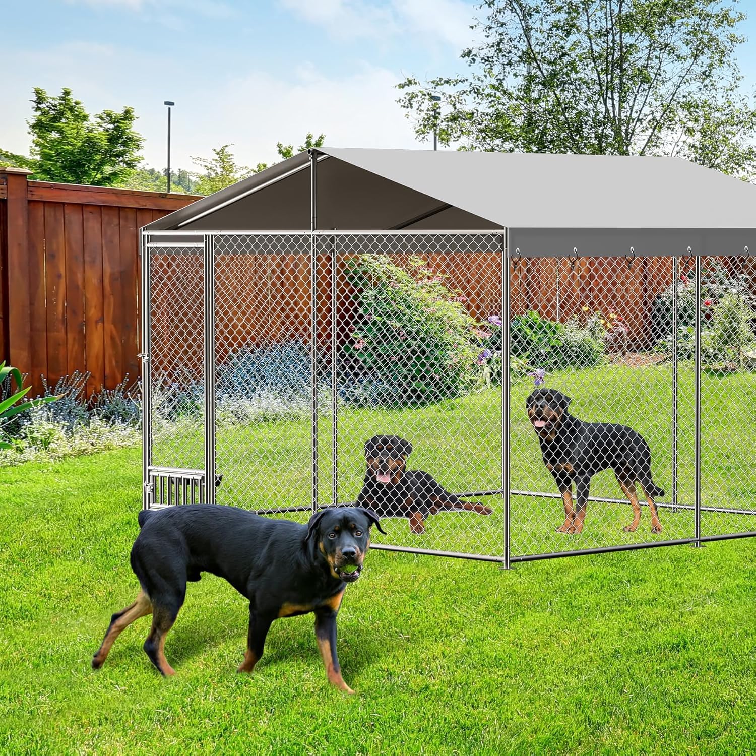 Luku Outdoor Dog Kennel with Waterproof Canopy, Large Dog House with Feeding Doors for Backyard