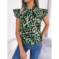 thumbnail image 2 of Blusa con estampado de leopardo y lazo en la parte delantera con mangas fruncidas para fiestas de verano, color verde, talla L, 2 of 8