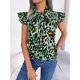 thumbnail image 2 of Blusa con estampado de leopardo y volantes con lazo y mangas cortas para fiestas y viajes de verano en color verde, 2 of 8
