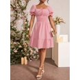 thumbnail image 6 of Pink Square Neck Ruched Waist A-Line Dress With Puffed Sleeves And Tiered Hem, 6 of 6