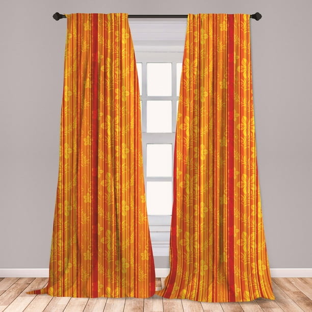 Orange Curtains 2 Panels Set, Vertically Stripes Pattern with Flowers Swirled Leaves and Dots