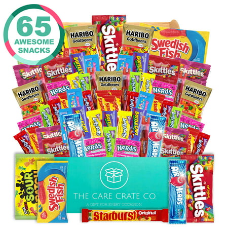 The Care Crate Ultimate Candy Snack Box Care Package ( 65 piece Candy and Snack Pack ) Includes 10 Full Size Candies - Twizzlers, Chips, Pretzels, Sour Patch Kids, Swedish Fish &