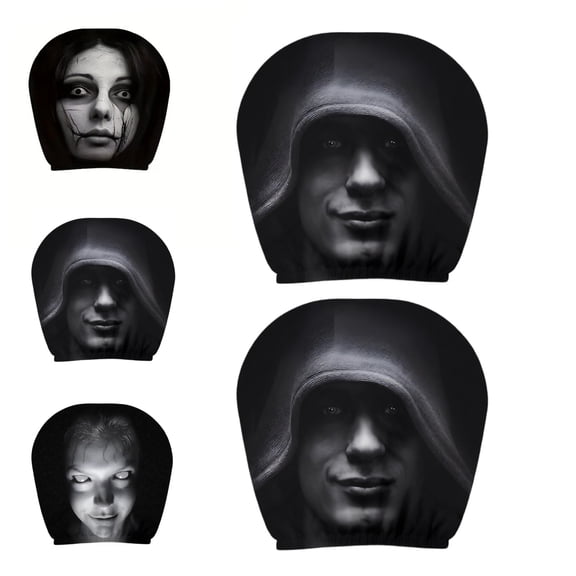 2 Pack Car Seat Headrest Cover with Funny Spooky Face, Soft Stretchy Fabric Horror Mask Pattern Head Rest Protector, Decorative Auto Interior Accessory