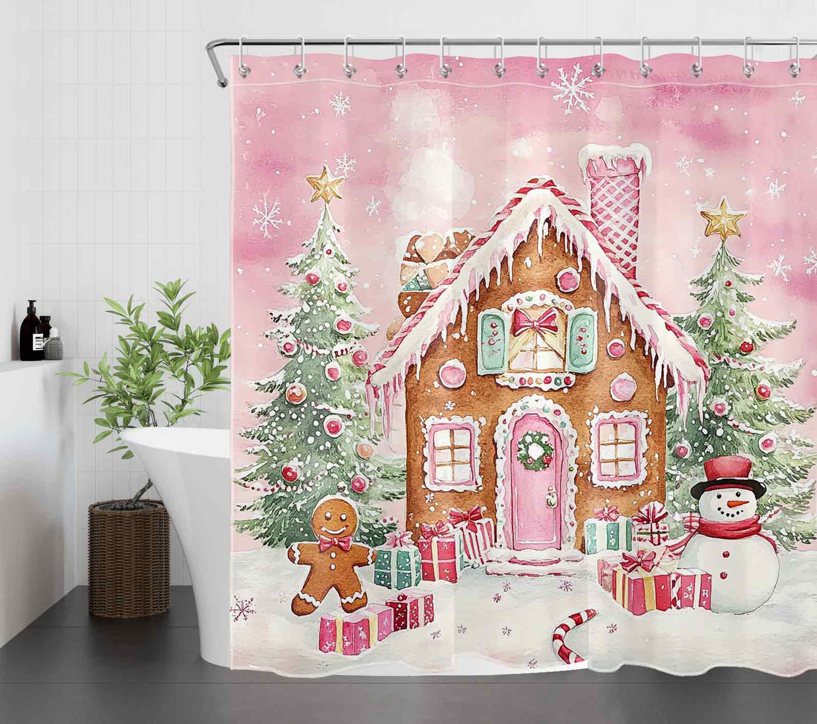 NEONWE Pink Christmas Gingerbread House Shower Curtain Christmas Trees Winter Cute Candy Snowman Bathroom Shower Curtain Decor Polyester Waterproof Fabric with 12 Pack Plastic Hook 72" X 72"