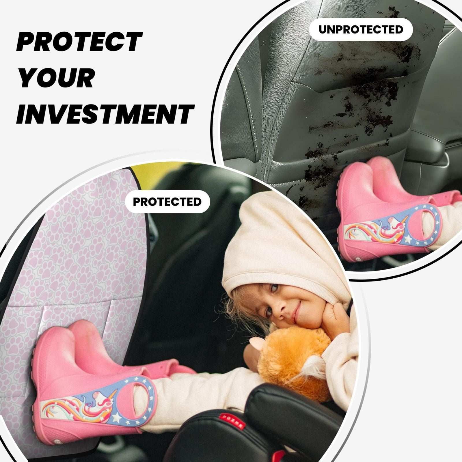 Xecao Cat Paw Pattern Car Seat Back Protector 2 Pack Large Capacity Pocket, Kick Mats Back Seat Protector