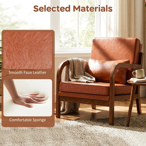 Auranook Accent Chair, Faux Leather Upholstered Armchair w/Lumbar Pillow, Removable Back