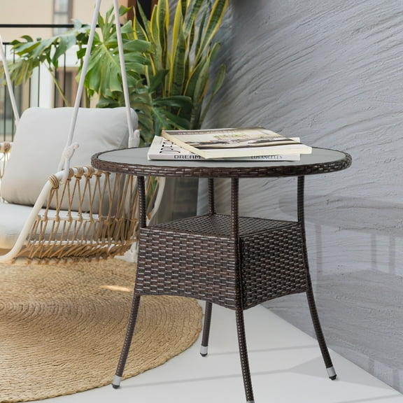 BAYUELSWU 31.5" Outdoor Side Table, Wicker Round Rattan Bistro Dining Table, All-Weather Patio Table w/Glass Tabletop for Backyard Deck Porch Poolside (Brown)