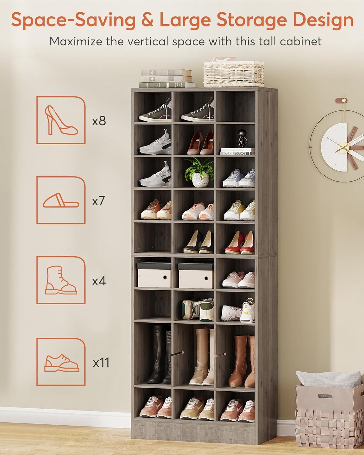 10-Tier Freestanding Shoe Rack Storage Cabinet, Gray, Holds up to 30-Pairs of Shoes