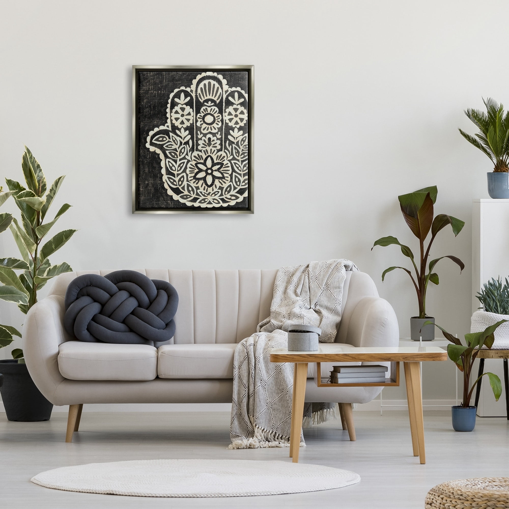Stupell Industries Floral Pattern Black and White Hamsa Luster Gray Framed Floating Canvas Wall Art, 24x30, by Chariklia Zarris