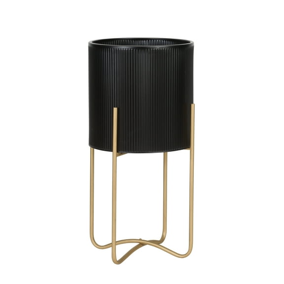 Everett Black Mid-Century Modern Indoor Metal Pot Planter with Tall Metal Base - 25.25" H x 13.25" W
