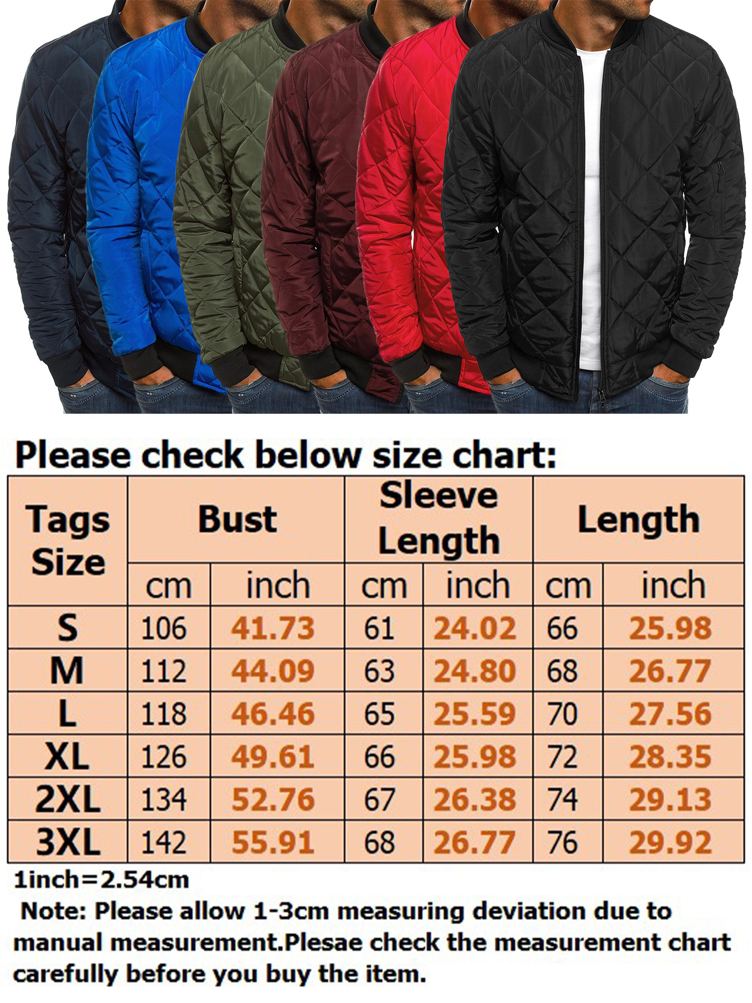 Men's Stylish Rhombus Diamond Quilted Bomber Jacket Windbreaker Softshell Flight Jackets Fall Winter Coats Outwear - image 2 of 2