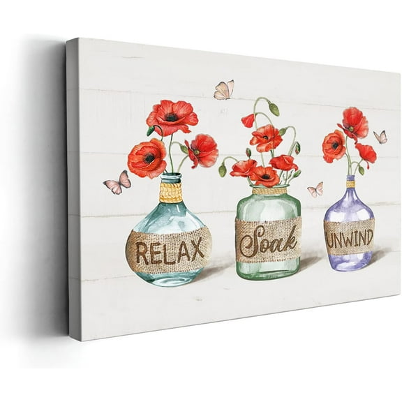 Bathroom Decor Wall Art Rustic Poppy Bathroom Poster Country Bathroom Relax Butterfly Pictures Print Painting Wall Décor for Bathroom Bedroom Framed Artwork 12x16 inch