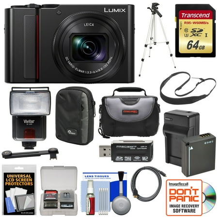 Panasonic Lumix DC-ZS200 4K Wi-Fi Digital Camera (Black) with 64GB Card + Battery & Charger + 2 Cases + Flash + Tripod + Kit
