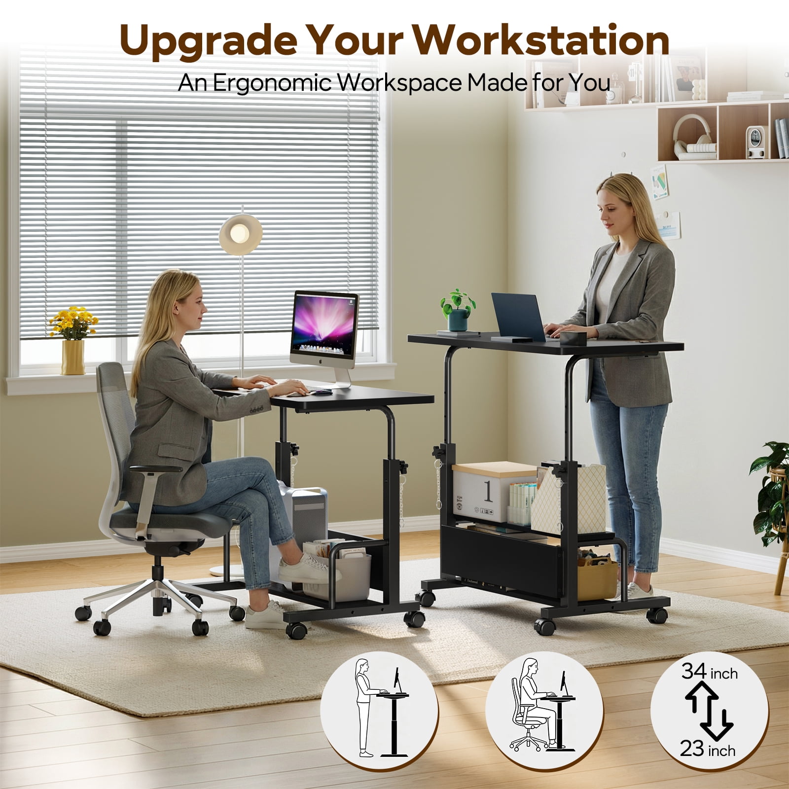edx Height Adjustable Desk Standing Desk Small Desk for Small Spaces, Mobile Rolling Computer Desk on Wheels, Portable Desks Study Table for Home Office,Black