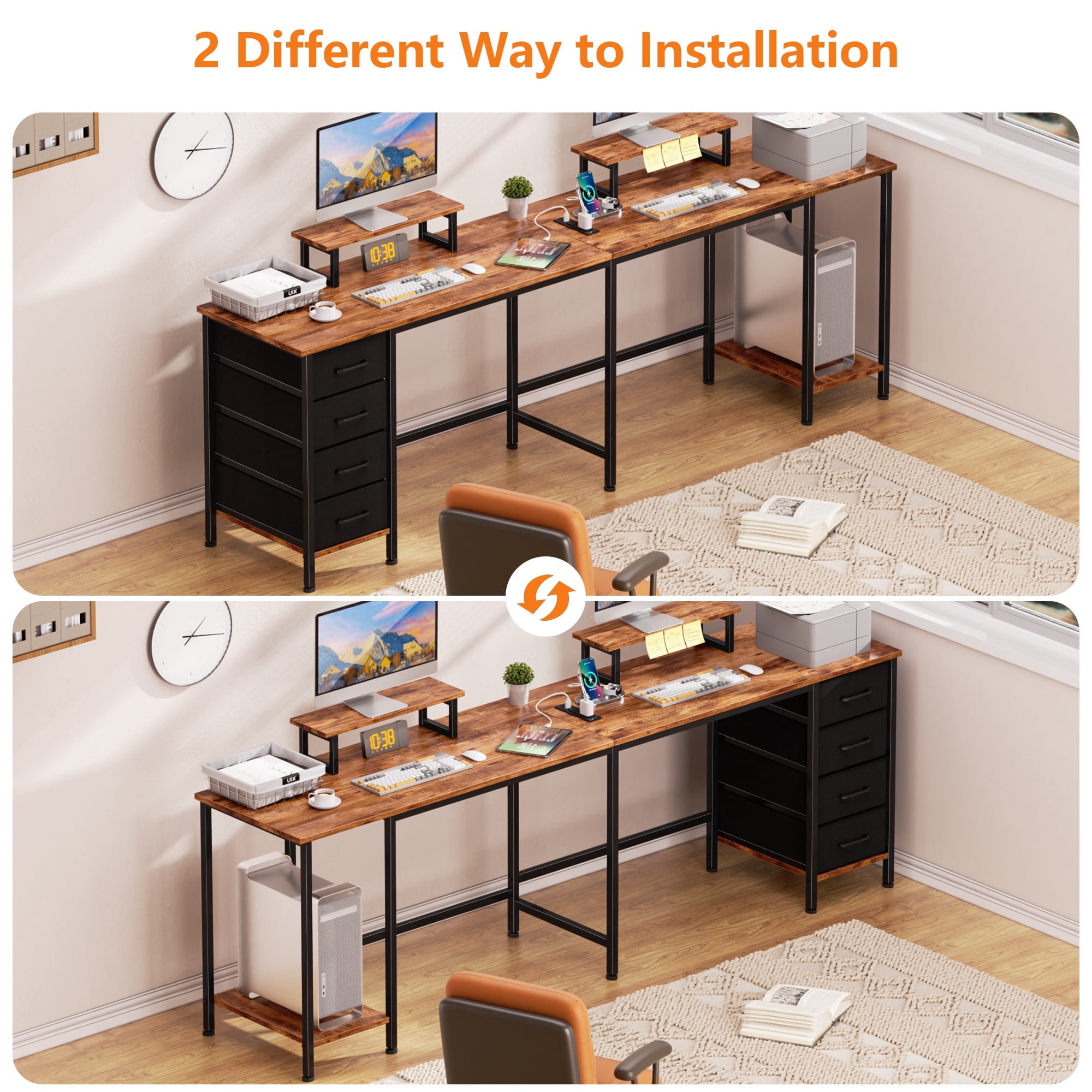 Satifur 59" L-Shaped Desk with Power Outlets, 4 Fabric Drawers & 2 Monitor Stands, Convertible Two Person Home Office Desk, Rustic Brown