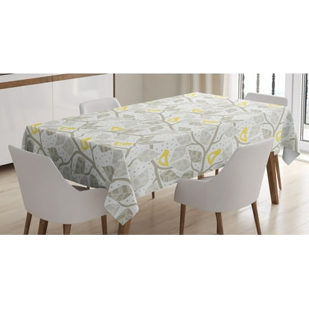 Spring Nature Table Grey and Yellow Tablecloth, Abstract Tree Branches with Leaves Birds and Dots Spring Nature, Rectangular Table Cover for Dining Room Kitchen, 52 X 70 Inches, Grey Yellow and White, by Ambesonne ()