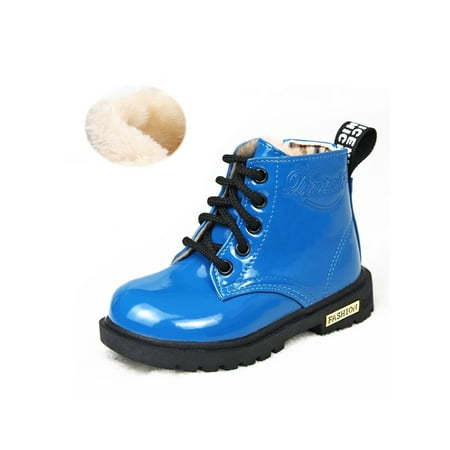 

Tenmix Children Short Bootie Lace Up Ankle Boot Side Zipper Combat Boots Patent Leather Booties Hiking Non-Slip Casual Blue with Plush Lined 12C