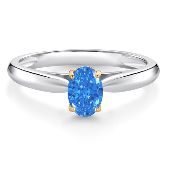 Gem Stone King 0.43 Ct Oval Fancy Blue Zirconia 10K White and Yellow Gold Solitaire Engagement Ring (Size 5)