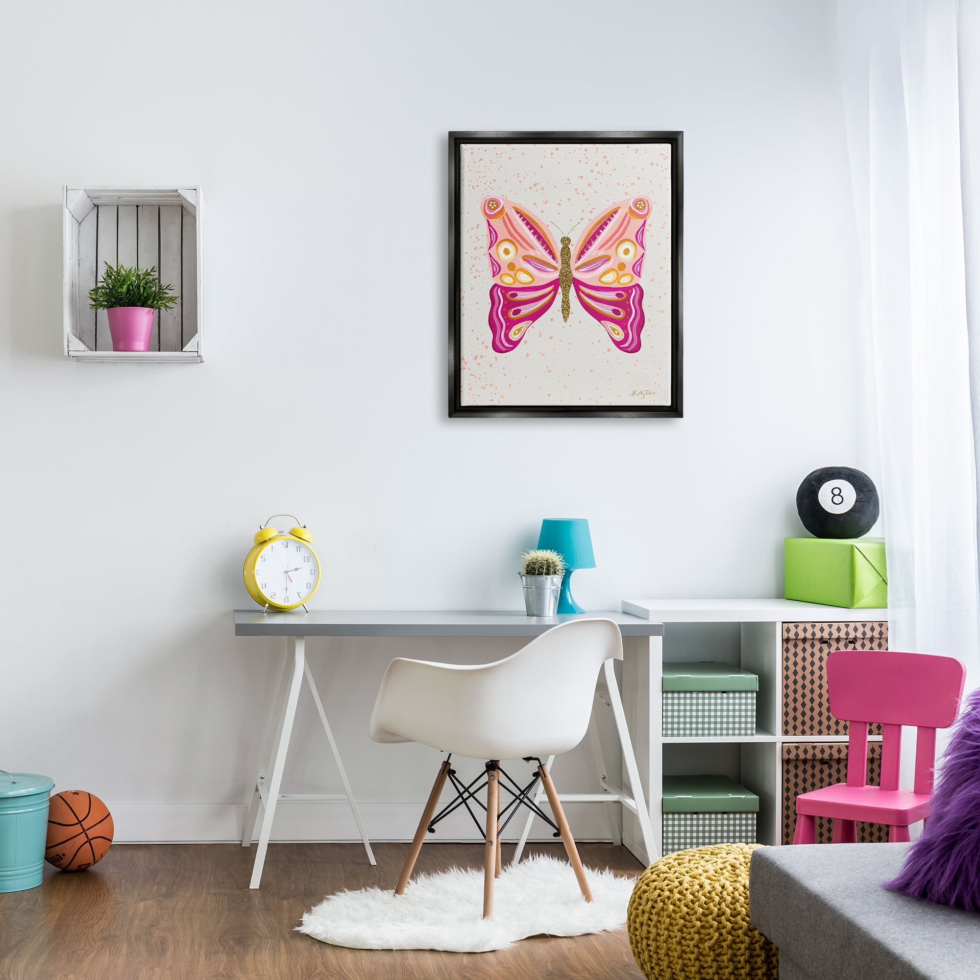 Stupell Industries Modern Glam Pink Butterfly Animals & Insects Painting Black Floater Framed Canvas Art Print Wall Art, 25 x 31