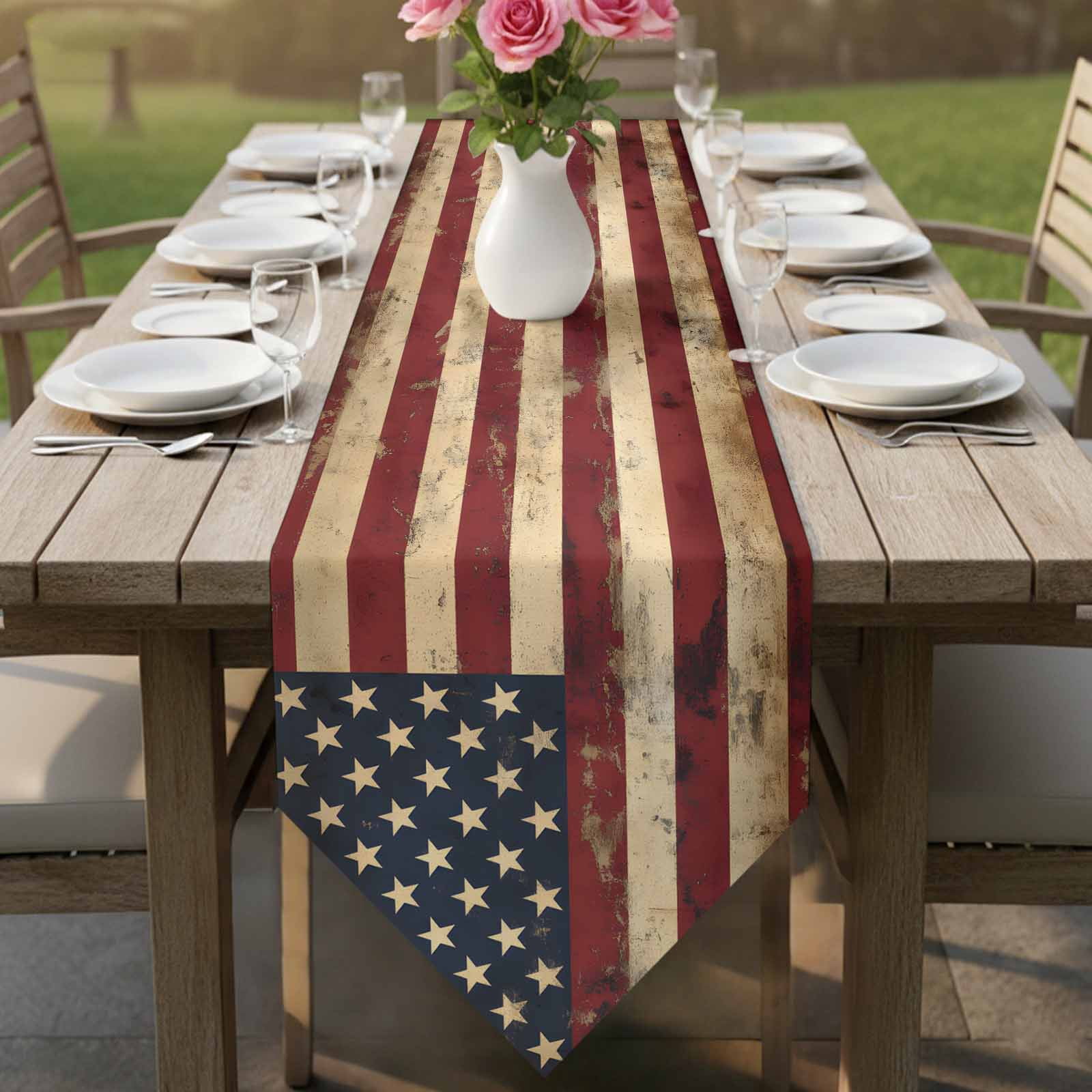 Retro American Flag Table Runner Linen Burlap Table Runner 72 Inches Long Vintage Shabby US Flag Dresser Scarves for Kitchen Island Coffee Dining Room Party Wedding Banquet Holiday Decoration 16"x72"