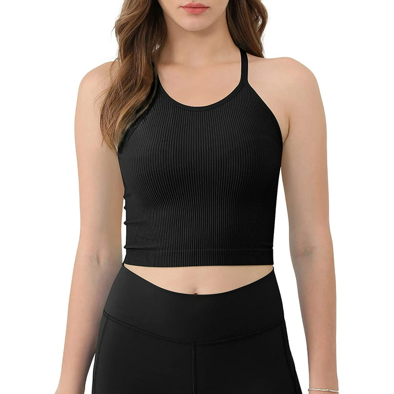 Buy ODODOS Women's Crop 3-Pack Washed Seamless Rib-Knit Camisole Crop Tank  Top, Black+charcoal (Tank), X-Small-Small at