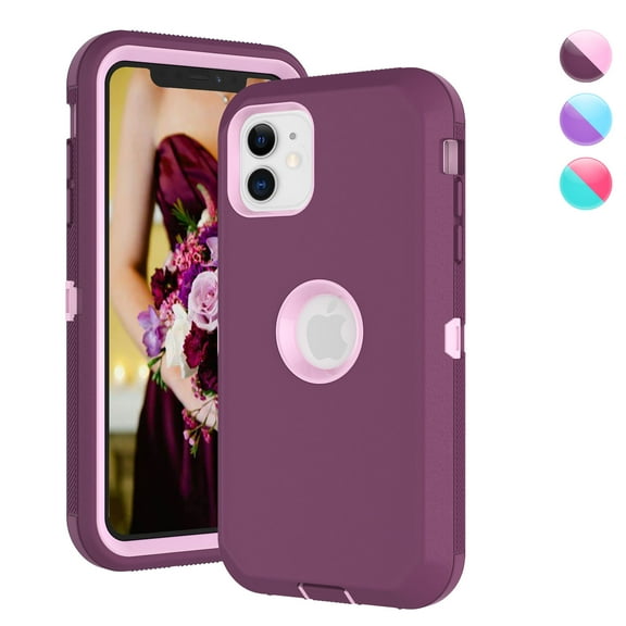 Njjex iPhone 11 Cases, Sturdy Phone Case for iPhone 11 6.1", Full-Body Shockproof Protection Heavy Duty Armor Hard Plastic & Shock Absorption Rubber Rugged Bumper 3-in-1 Case Cover - Burgundy
