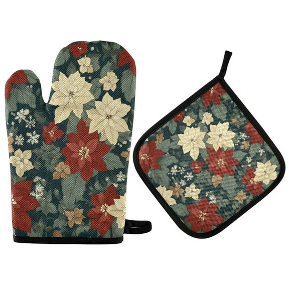 Yayeee Oven Mitts and Pot Holder Set of 2 Heat Resistant Kitchen Gloves Baking Hot Pad, Christmas Blooms