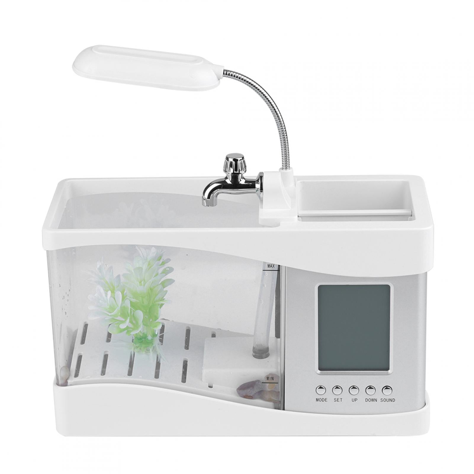 Multifunctional USB Rechargeable Mini Fish Tank Aquarium with Clock Function LED Light White