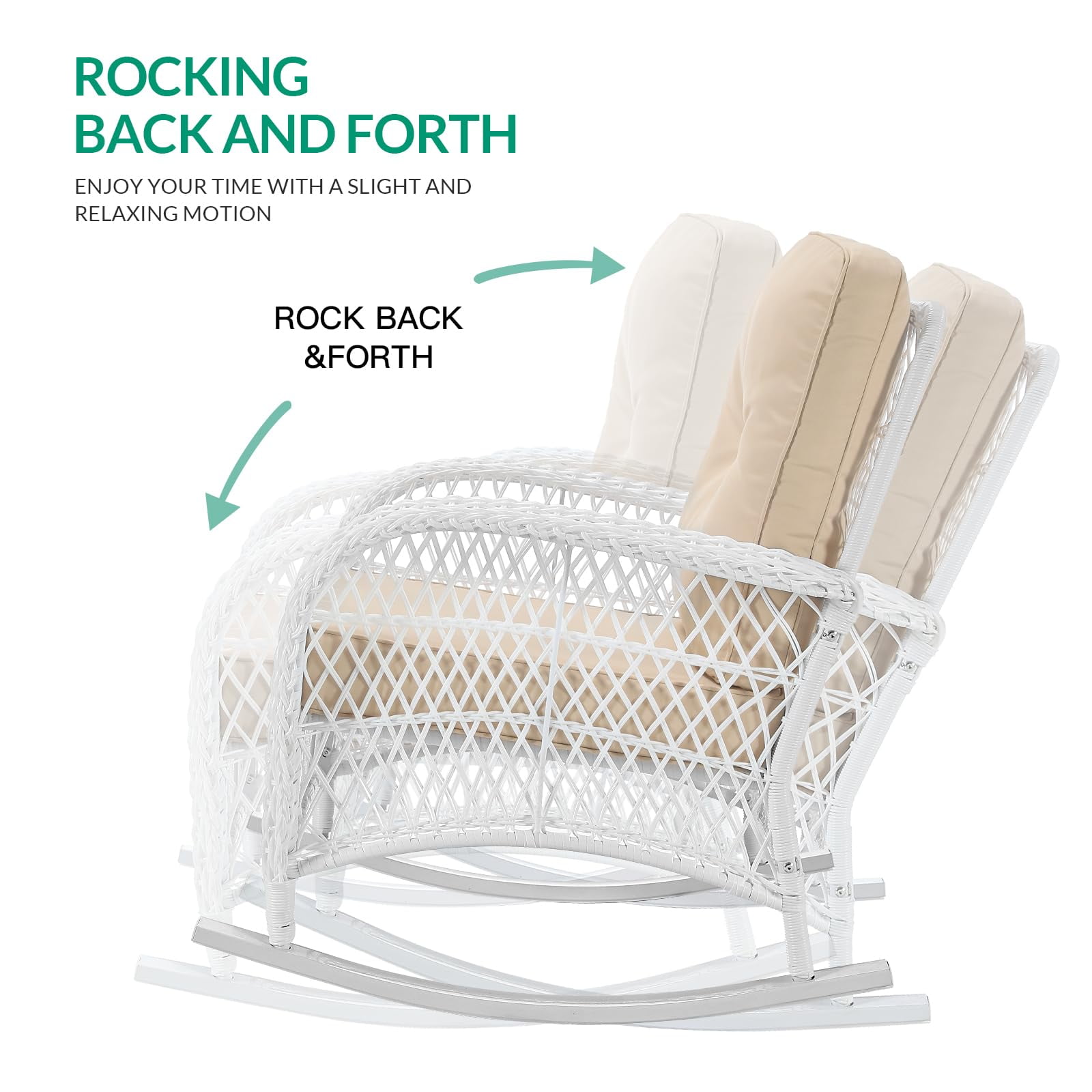 VIVIJASON 3-Piece Outdoor Conversation Bistro Set, Patio Wicker Rocking Chairs Rattan Furniture Sets w/ 2 Rattan Chairs, Cushions, Glass Top Side Table for Garden Porch Backyard (White Wicker/Beige)