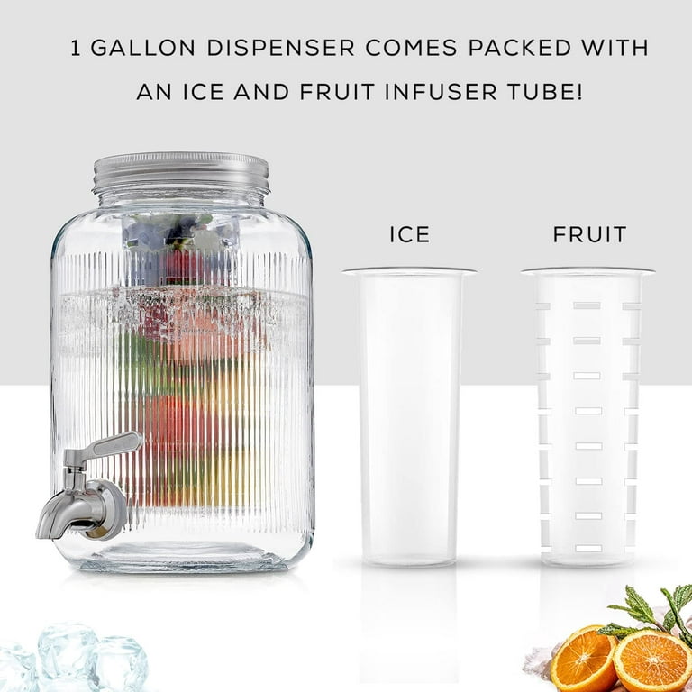Glass Fluted Drink Dispenser with Spigot, Ice Infuser, & Fruit