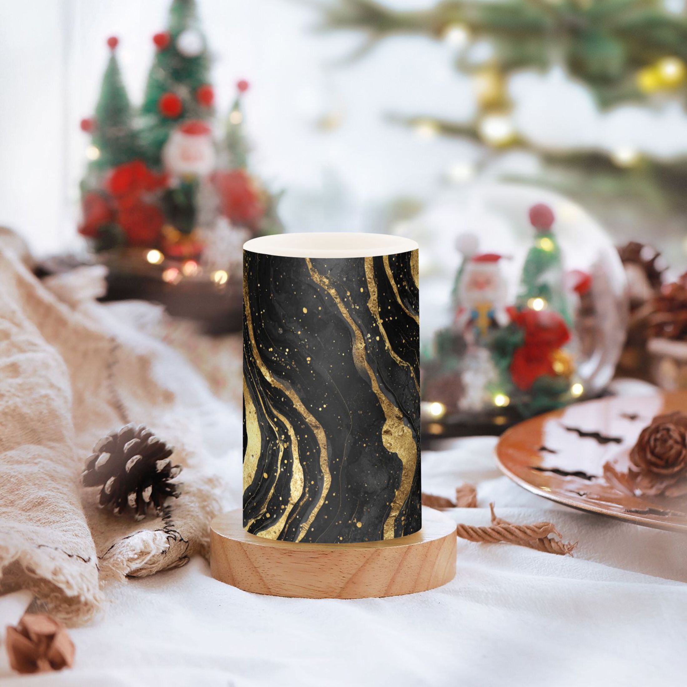 Black and Gold Abstract Flickering Flameless Candles Battery Operated with Remote Timer LED Pillar Candles Set of 2