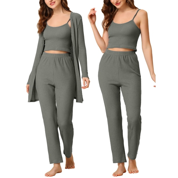 Pijama de punto para mujer Ropa de dormir casual Pantalones Shrug Cardigan 3ps Lounge Set Small Grey
