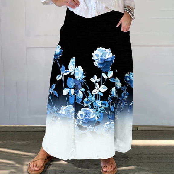Xixinqiwan Women Summer Skirts Clearance under $5,Women Floral Print Midi Skirt Summer Beach Pleated Elastic High Waisted A Line Skirt with Pockets