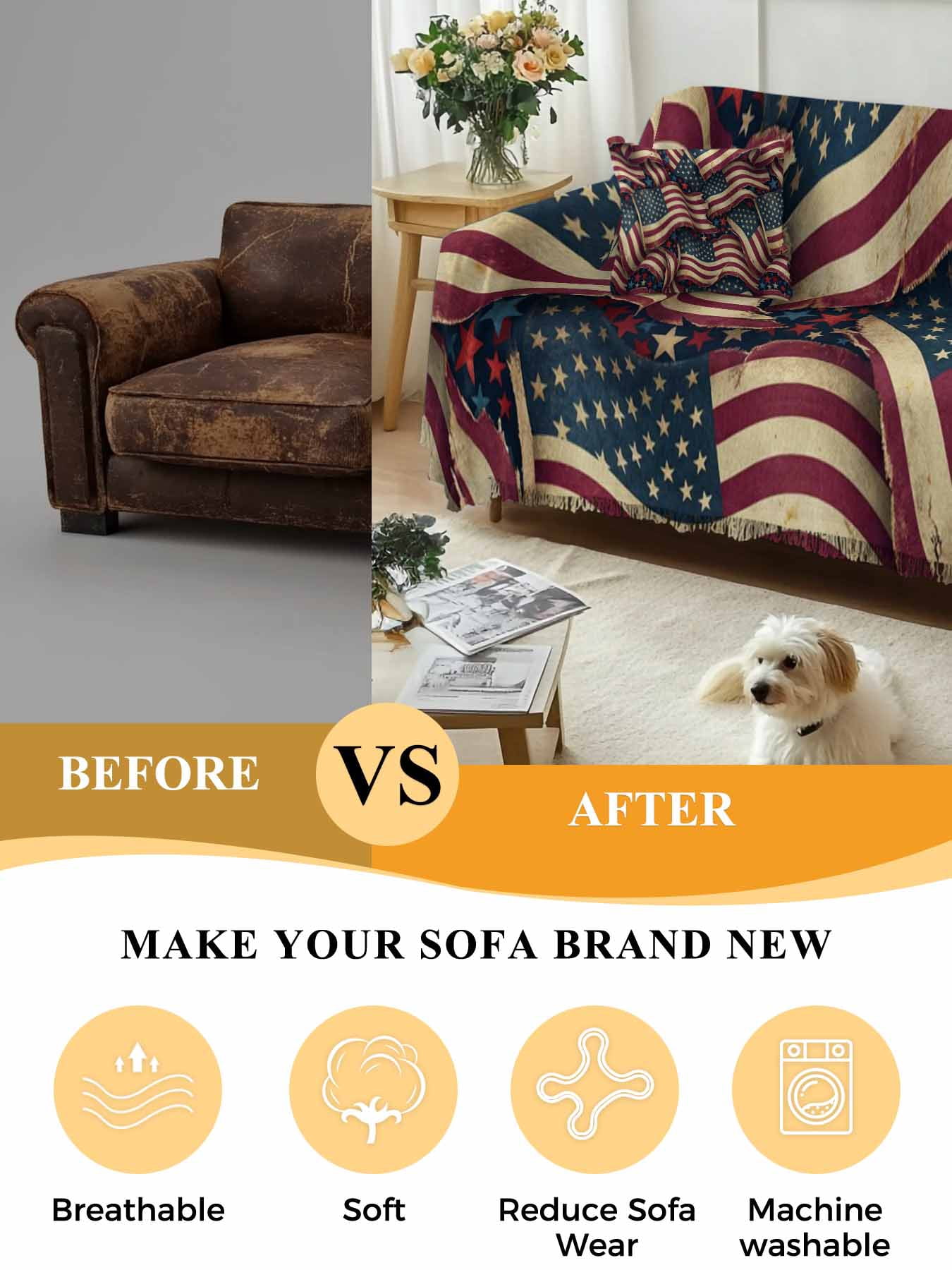 Independence Day Couch Cover, Red Blue USA Flag Retro Patriotic Stars Stripes Sofa Cover Blanket for 3 Cushion Couch, Sectional Sofa Slipcover Furniture Protector for Living Room Bedroom 71''x134''