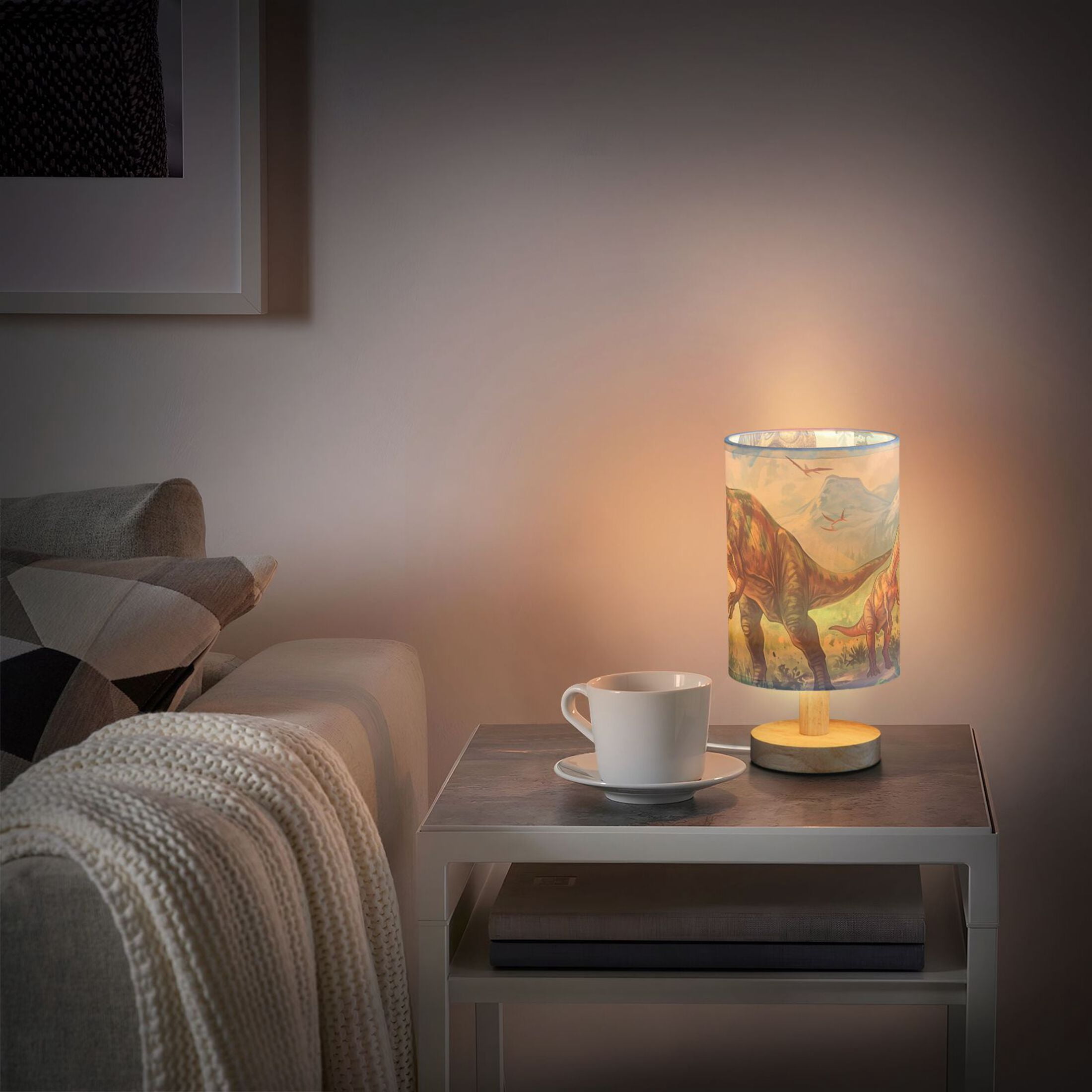 Dinosaurs Trees Leaves Sky Table Lamp USB Bedside Desk Nightstand Lamp Printed Gifts Small Lamp Wood Base for Bedroom Living Room Kids Room College Dorm
