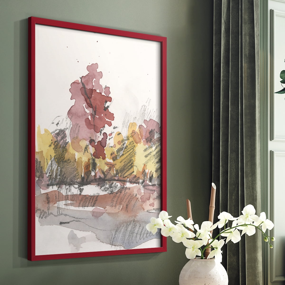 Watercolor Treeline Sketch I Framed Print in Red Solid Wood 11 x 14 Framed Print