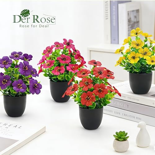 4 Pack Artificial Small Fake Plants Spring Flowers, Faux Indoor Plants for Home Office Desk Decor, Bathroom Accessories, Room Decorations
