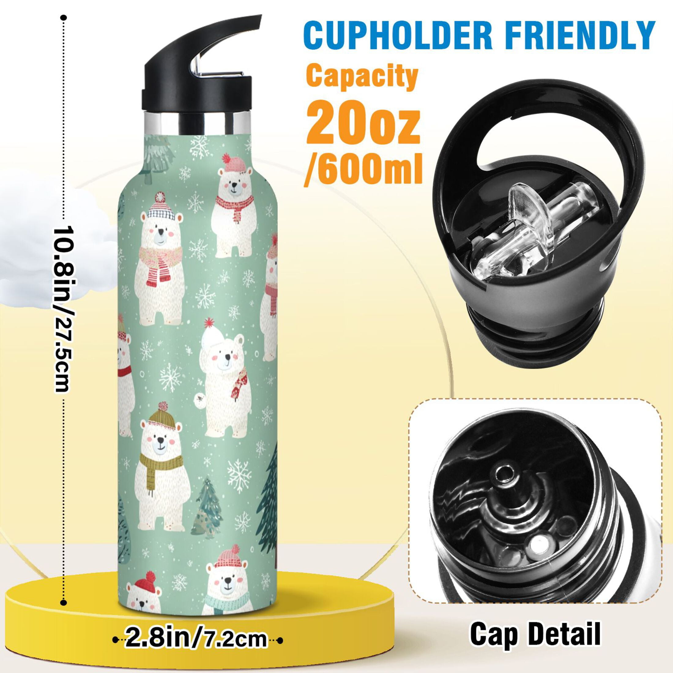 600ML Stainless Steel Insulated Cup Sports Water Bottle Portable Thermos Cup Water Glasses Insulated Tumblers Convenient and Durable White Christmas Bear Pattern