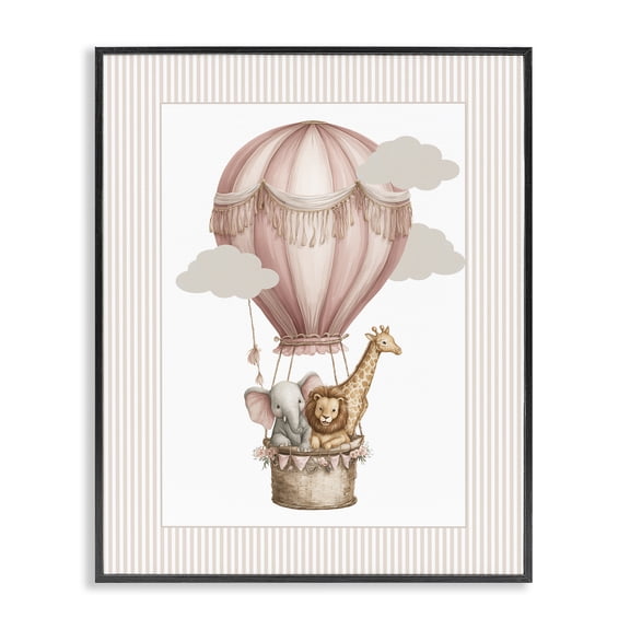 Stupell Industries Cottage Hot Air Balloon Animals Pink Black Framed Giclee Art, 11 x 14, by Christine Simpson Art