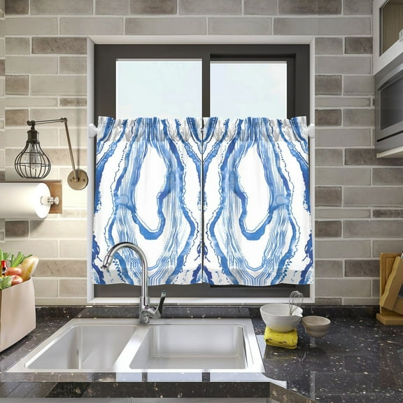 Waves Blue White Line Kitchen Curtains Half Tier Curtain 2 Rod Pockets Bathroom Bedroom Cupborad Living Room 27"x24"